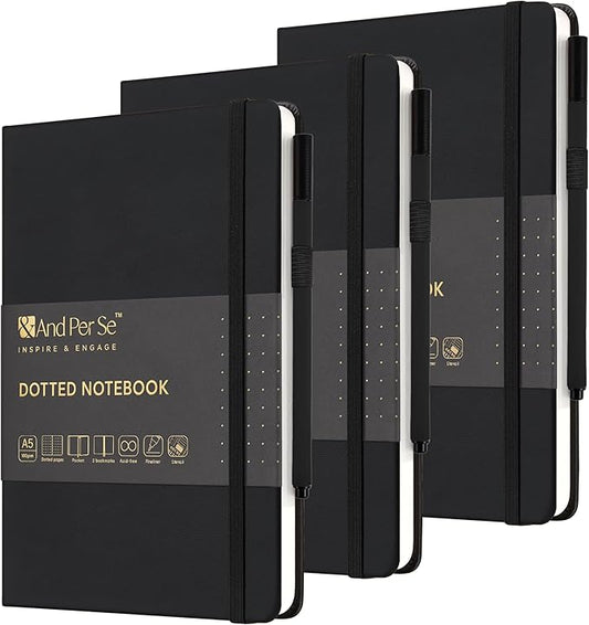 &And Per Se Dotted Notebook 3 Pack, A5 Hardcover with Journal Dotted Pages, Journal Stencils & Pens, 176 Numbered Pages Each for Students Teachers Office (Black)
