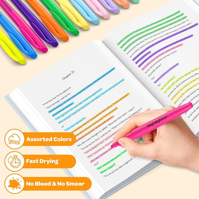 48 Count Highlighters Bulk - 12 Assorted Fashion Colors, Chisel Tip, No Bleed & Quick Dry, Ideal for Note Taking, Studying, School, Office, Student & Teacher Supplies