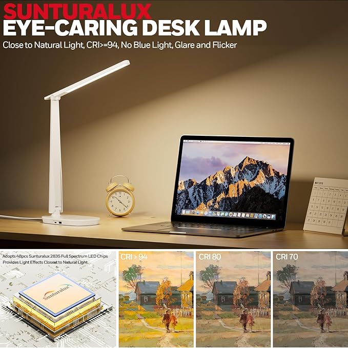 Honeywell LED Desk Lamp for Home Office, Eye-Caring Dimmable Reading Light with 4 Color Modes, Touch Control, USB-A & USB-C Charging Ports, Adjustable Head, Timer for Bedroom & Small Desks