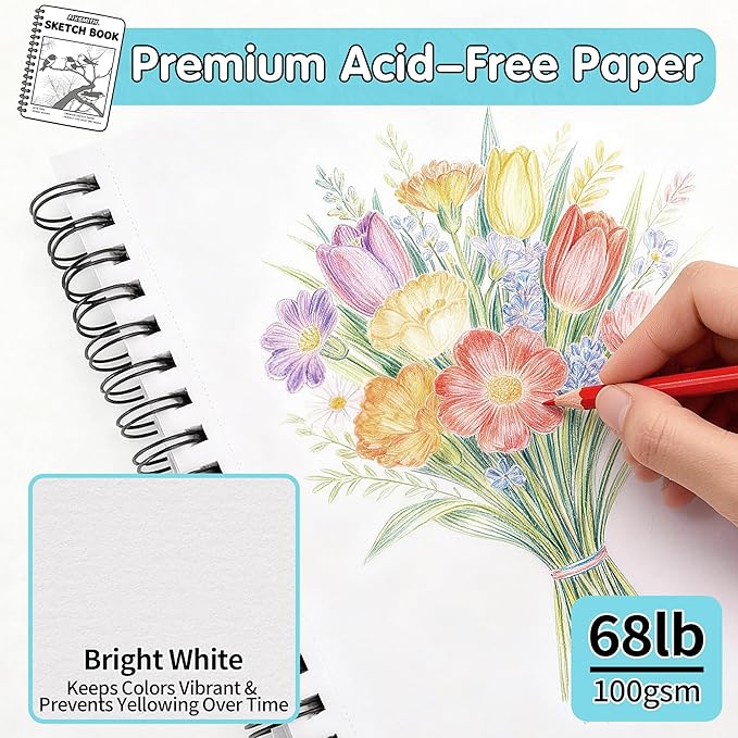 FIXSMITH 9"X12" Blue Sketch Book, 400 Sheets (68 lb/100gsm) Spiral Sketchbook, Acid Free Drawing Paper, Sketch Pad for Beginners,Artists & Professionals, Bright White