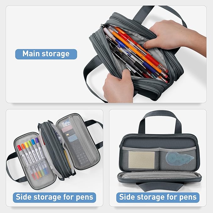 Zannaki Large Pencil Case, Big Capacity Pencil Pouch Pen Bag with 3 Compartment, Portable Canvas Stationery Organizer with Zipper, Cute Aesthetic School Supplies for Teen Girls Boys College,Gray