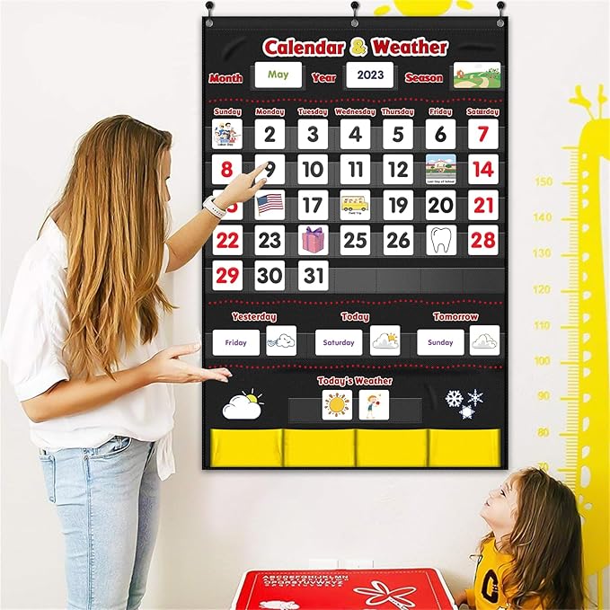 Calendar and Weather Pocket Chart, Classroom Organized Chart, 149 Pieces (Black)