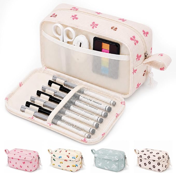 Big Capacity Pencil case,Soft Corduroy Pencil Bag with 3 Compartment,Pencil Pouch School Supplies Cute Pencil Box Pencil Bag for Teen Girls Boys College (Bow With Cherry)