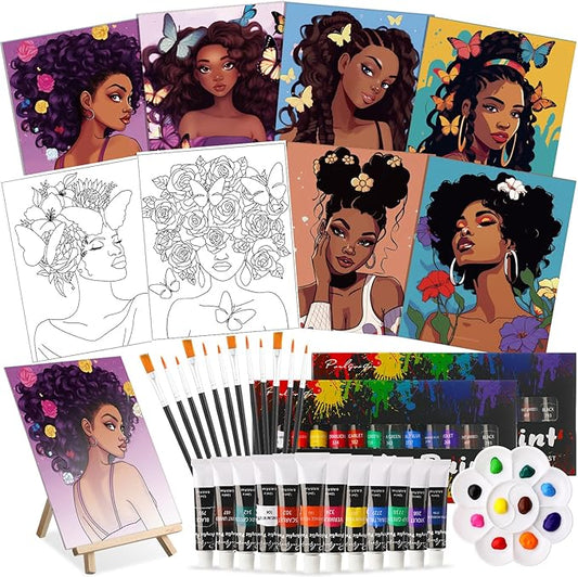 Cholemy 36 Pcs Paint and Sip Kit for Adults 8''x10'' Pre Drawn Canvas for Painting DIY Afro Acrylic Painting Kit Wood Easel Brushes Date Night Bulk for Father's Day Party Gifts(Sunshine Lady)
