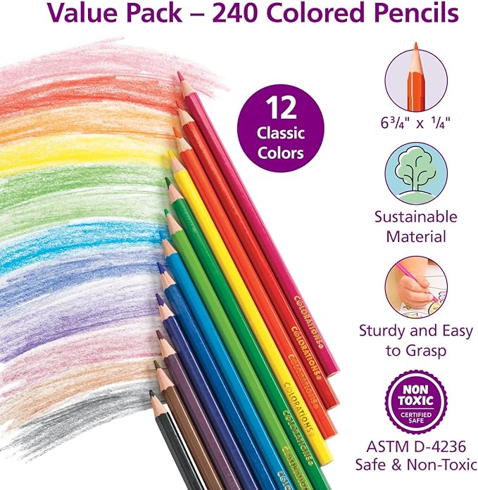 Colorations Color Pencils, Set of 240, Pre-sharpened, 12 Colors, Thick Core, Hexagonal, Harvested Wood, Classroom Supplies