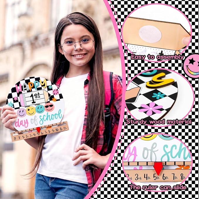 Kosiz First and Last Day of School Sign Black White Checkered Back to School Board Gifts Round Wooden First Day of Prek Sign Reusable Dry Erase 8''