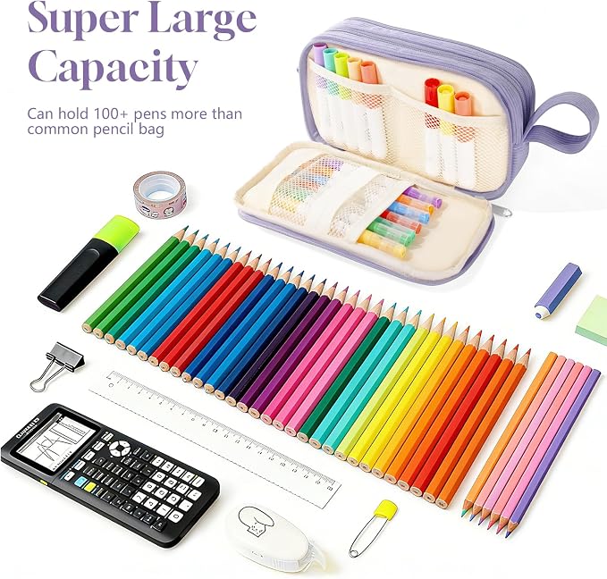 TESAFNG Corduroy Pencil Case, Large Capacity Pencil Pouch with 4 Compartments, Cute Soft Aesthetic Stationery Pen Bag Organizer with Zipper, Portable School Supplies for Teen and Adult Girls, Purple