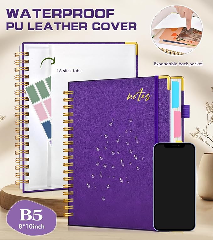 5 Subject Spiral Notebook Journal with Removable Dividers Tabs, 300 Pages Organizer Notebooks for Work School, 8"x10" Hardcover Leather Notebook College Ruled, Large Lined Journal for Women Men,Purple