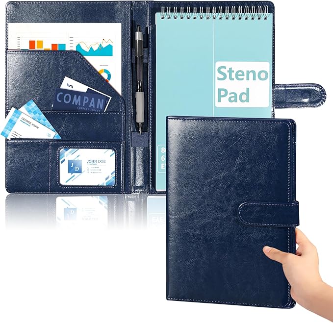 PU Leather Steno Pad Holder 6x9 Steno Pad Cover Business Padfolio Organizer Leather Cover Compatible With 6x9 Steno Notebook Portfolio Pocket Organizer With Pen Loop for Business Office(Dark Blue)