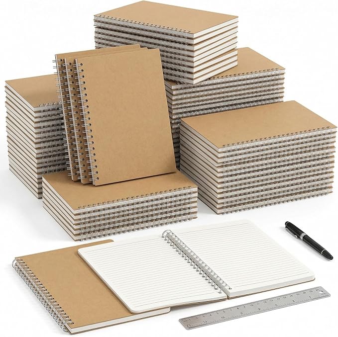 48 Packs Lined A5 Spiral Notebook, 8.3 x 5.5 In, Journals Bulk 120 Pages/60Sheets, Hardcover Spiral A5 Notebook Journal, Kraft Travel Notebooks Bulk for Work School Business Office (48 Packs, Kraft)