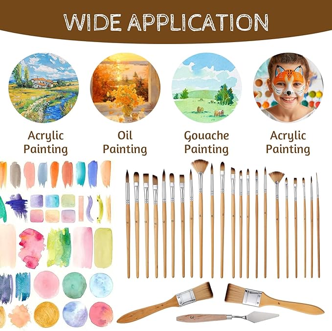 25 PCS Acrylic Paint Brush Set, Professional Paintbrushes, Expert Synthetic Nylon Bristles Paint Brush Kit with Upgraded Short Handle Wide Flat & Palette Knife for Acrylic, Oil, Watercolor, Gouache