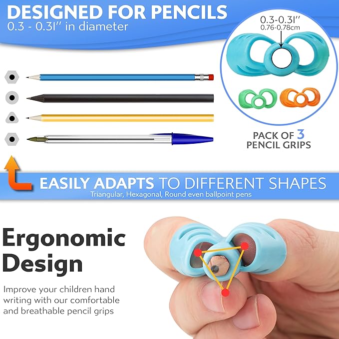 Stylo 3 Pack Pencil Grips for Kids Handwriting - Ergonomic Pencil Grippers for Toddlers Ages 2-5, Preschool & Kindergarten - Left Handed & Right Hand Writing Tools - Occupational Therapy Grip