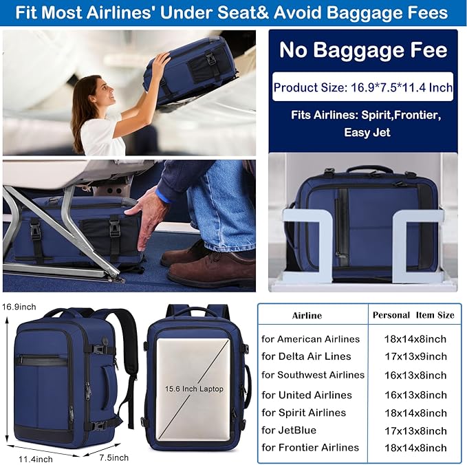 Travel Backpack for Men,Carry On Backpack with Shoe Pouch, TSA 15.6" Laptop Back Pack Flight Approved, College Gym Bag Casual Daypack for Weekender Business Hiking,Bookbag Travel Essentials,Blue