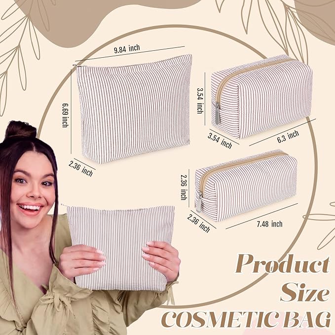 Huhumy 3 Pcs Makeup Bag Set Cute Stripe Cosmetic Pouch for Women Aesthetic Seersucker Travel Toiletry Bag Set Preppy Small Makeup Purse Pouch Cosmetic Organizer Pencil Case with Zipper(Khaki)