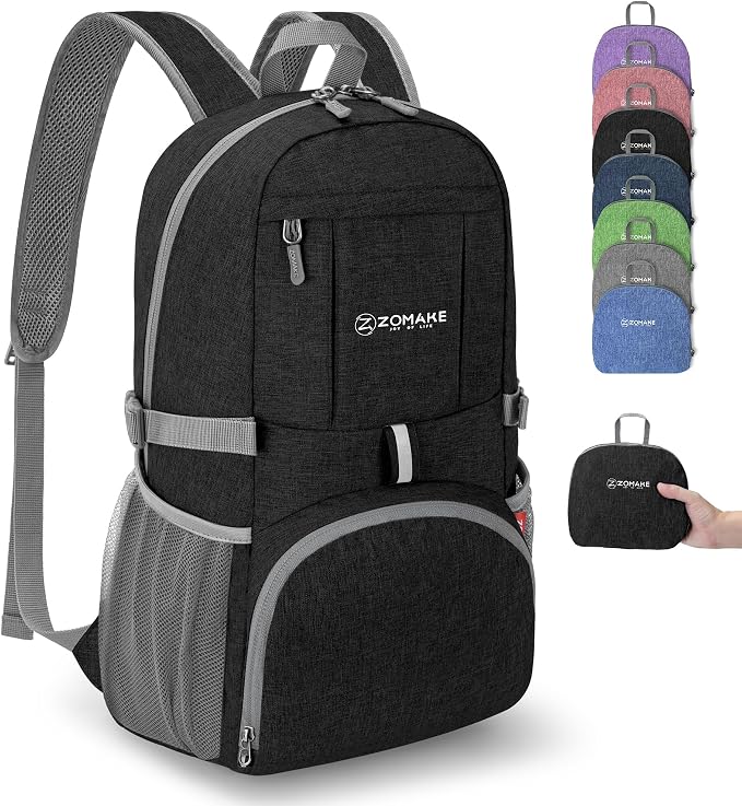 ZOMAKE Lightweight Packable Backpack, 25L Small Foldable Daypack for Hiking | Water Resistant Collapsible Backpacks for Women Men, Everyday Carry, Multi Compartment Storage, Adjustable Strap(Black C1)