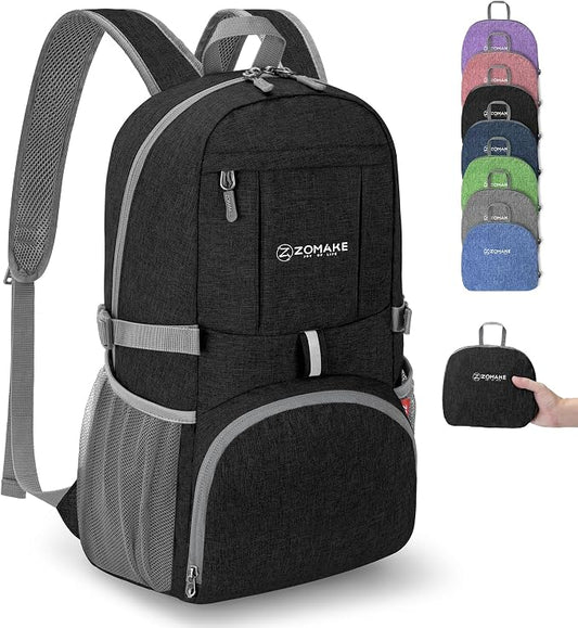 ZOMAKE Lightweight Packable Backpack, 25L Small Foldable Daypack for Hiking | Water Resistant Collapsible Backpacks for Women Men, Everyday Carry, Multi Compartment Storage, Adjustable Strap(Black C1)
