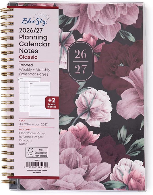 Blue Sky 2026-2027 Weekly and Monthly Academic Year Planner Calendar, July 2026 - June 2027, 5.875" x 8.625", Flexible Pocket Cover, Wirebound, Laminated Tabs, Includes Extra 30 Sheets of Notes, Dark Peonies