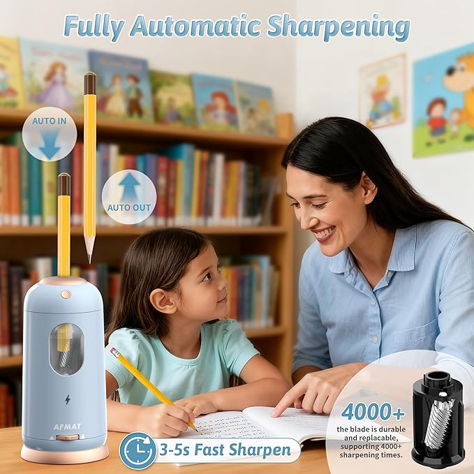 AFMAT Electric Pencil Sharpener, Auto in & Out, Fully Automatic Pencil Sharpener, Rechargeable Hands-Free Sharpeners for Jumbo & Colored Pencils (7-11.5mm), Good for Classroom/Home PSC8(Light Blue)