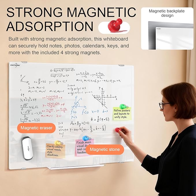 24" x18'' Magnetic Glass Whiteboard, Frameless Wall Mounted Dry Erase Board, Anti Ghosting Scratch Resistant Glass Board for Home Office Classroom with Complete Mounting Accessories
