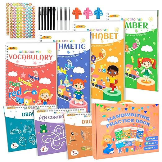 Magic Grooved Writing Practice for Kids Ages 3-8, Reusable Handwriting Workbooks for Preschool Learning, Letters Numbers Math & Drawing Tracing Books with Disappearing Ink Pens, Educational Gift