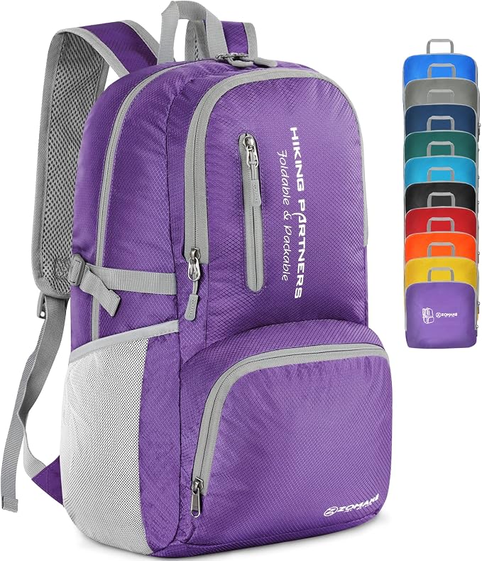 ZOMAKE Lightweight Packable Backpack, Water Resistant Foldable Daypack 35L | Light Hiking Backpacks Collapsible Day Pack for Travel, Everyday Carry, Multi Compartment Storage, Adjustable Strap (Purple)