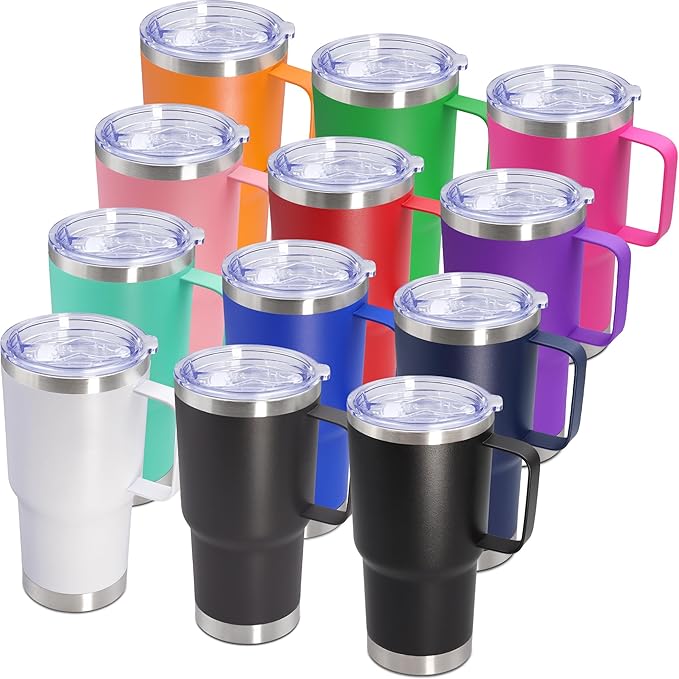20 oz Tumbler with Handle and Lid, Stainless Steel Tumbler Insulated Travel Coffee Mug, Spill Proof Double Wall Vacuum Tumbler Cup Keep Drink Hot & Cold, Mix, 12 Pack