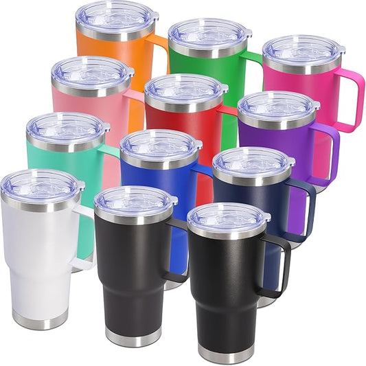 20 oz Tumbler with Handle and Lid, Stainless Steel Tumbler Insulated Travel Coffee Mug, Spill Proof Double Wall Vacuum Tumbler Cup Keep Drink Hot & Cold, Mix, 12 Pack