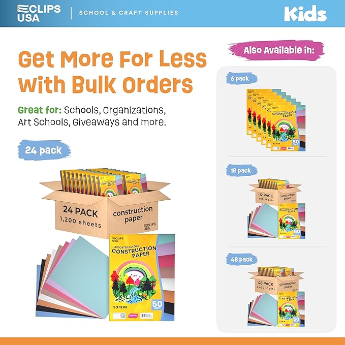 Construction Paper Bulk (1200 Sheets) 9 x 12 Construction Paper for Kids Color Art Paper Assorted Colors 50 Sheets Per Pack (24 Pack)
