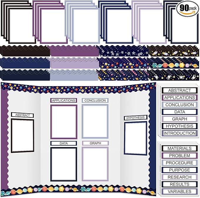 Fuyoooo 90 Pcs Science Fair Board Supplies 60 Trim Scalloped Bulletin Borders 24 Presentation Board Subtitles 6 Science Fair Titles for Classroom Display Boards(Space)