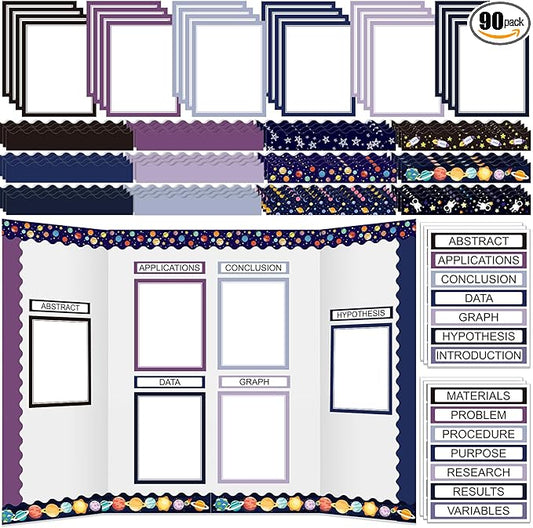 Fuyoooo 90 Pcs Science Fair Board Supplies 60 Trim Scalloped Bulletin Borders 24 Presentation Board Subtitles 6 Science Fair Titles for Classroom Display Boards(Space)