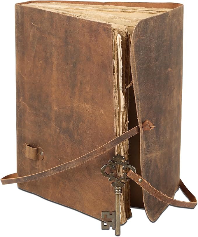 Leather Journal with Deckle Edge Paper 8x6 inch and Vintage Key | Handmade Writing Notebook Diary | Bound Daily Notepad for Men & Women Medium, Sketch/Writing pad for Artists