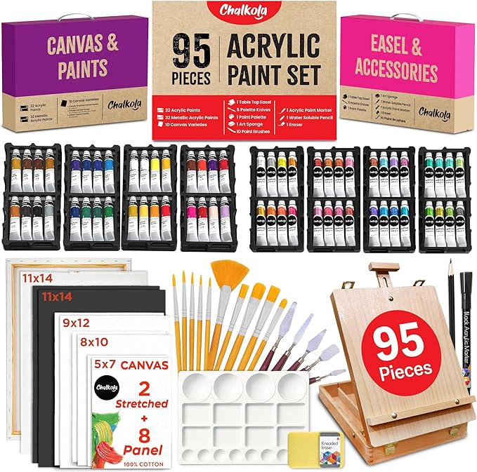 Chalkola 95 Pcs Acrylic Painting Kit for Adults | 64 Acrylic Paint Set, Wood Tabletop Easel, Canvas, Art Brushes, Palette, Knife - Professional Canvas Painting Supplies for Artists & Beginners