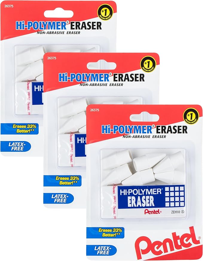 Pentel HI-Polymer Eraser Combo Pack, 6 Caps, 1 Large (ZEH0210BP7) (Pack of 3)