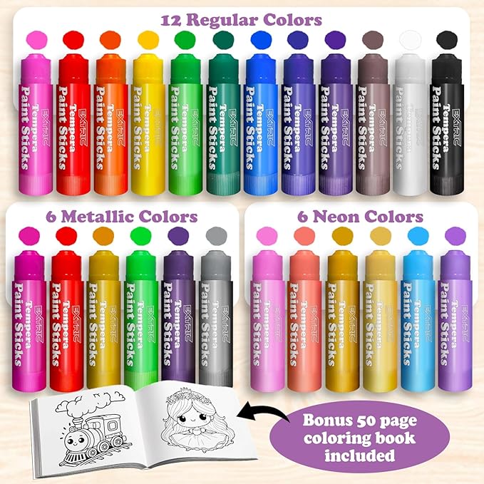EXTRIC Tempera Paint Sticks for Kids – 24 Twist Crayons in  Vibrant Colors 12 Classic, 6 Metallic, 6 Neon | Mess Free, Quick Dry, Washable Solid Paint  kids + Bonus 50 Page Coloring Book