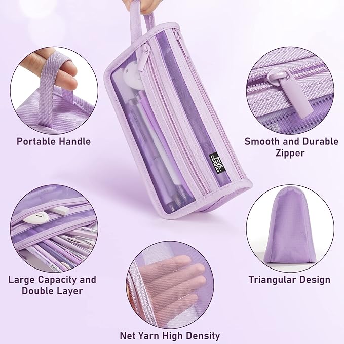 Four Candies Grid Mesh Pencil Case, Clear Double-layer with Handle (Purple) | Smooth Zipper, Transparent Pencil Pouch, Cute Back to School Stationary, Makeup Bag, Travel Friendly, for Office College