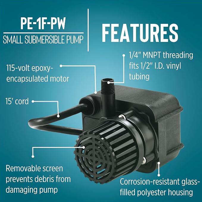 Little Giant PE-1F-PW 115 Volt, 1/125 HP, 170 GPH Submersible Direct Drive Fountain Pump with 15-Ft. Cord, Black, 566608 | 1/125 HP, For Fountains/Hydroponics/Recirculation, Epoxy-coated Aluminum, Manual (no switch), 566608