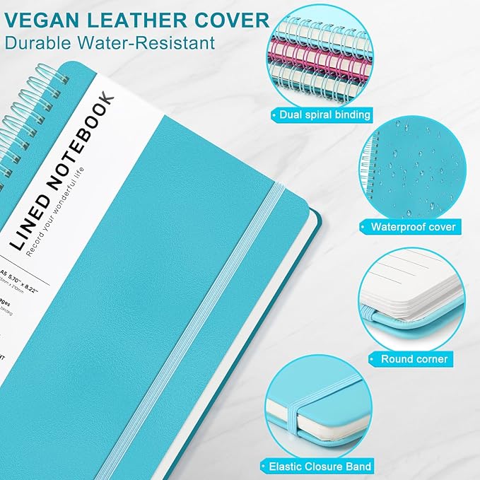 Lined Spiral Journal Notebook with 160 Pages, 8×5.7in, A5 Spiral Notebook, Journaling Notebooks for Work, School, Women, Men, College Ruled Spiral Notebook, Hardcover Leather Journals, Light Blue