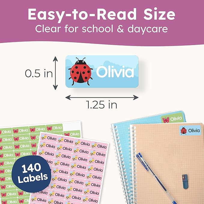 Personalized Name Labels for Kids (140 Labels) - Durable & Waterproof Custom Name Stickers for Clothing Tags, School Supplies, Camp & Daycare - Plant Friends (1.2”x0.5”)