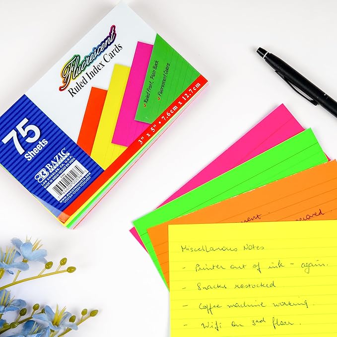 BAZIC 75 Count 3" X 5" Ruled Fluorescent Colored Index Card (596)