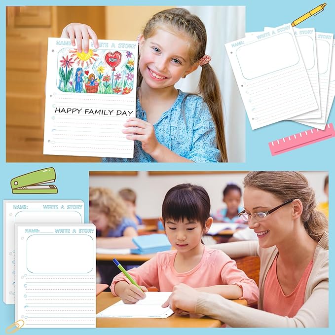 50 Sheets 8.5 x 11" Story Writing Paper for Kids Loose Leaf Draw and Write Paper 3/4" Long Rule Double-Sided K2 Write Story Handwriting Practice Paper Kindergarten Storybook Paper with Lines