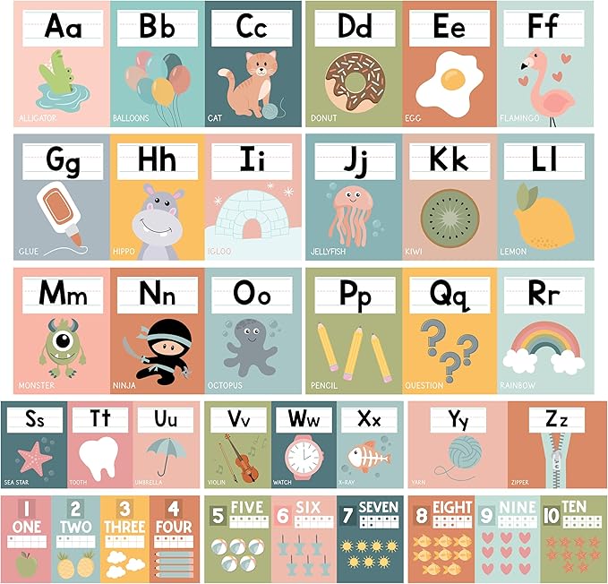 Hadley Designs Alphabet for Classroom Wall Decor - ABC Posters for Classroom Wall Chart Preschool & Kindergarten, ABC Letters & Number Line Elementary, Alphabet Cards, Boho Classroom Decor