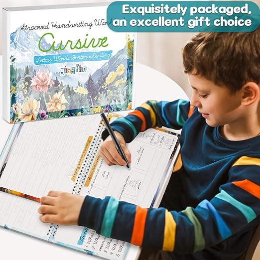 gisgfim 4 Pack Grooved Cursive Handwriting Workbook Kit Magic Reusable Grooved Handwriting Practice with Disappearing Ink Pens Cursive Kickoff Student Workbook for Kids Words Letters Sentences Reading