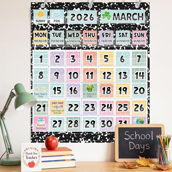 Tinlade Classroom Calendar Pocket Chart Set with 115 Cards 24 x 28 Inch Cute Cartoon Calendar Bulletin Board Pocket 2026–2033 Festival Weather Teacher Supplies for Classroom Wall Decoration