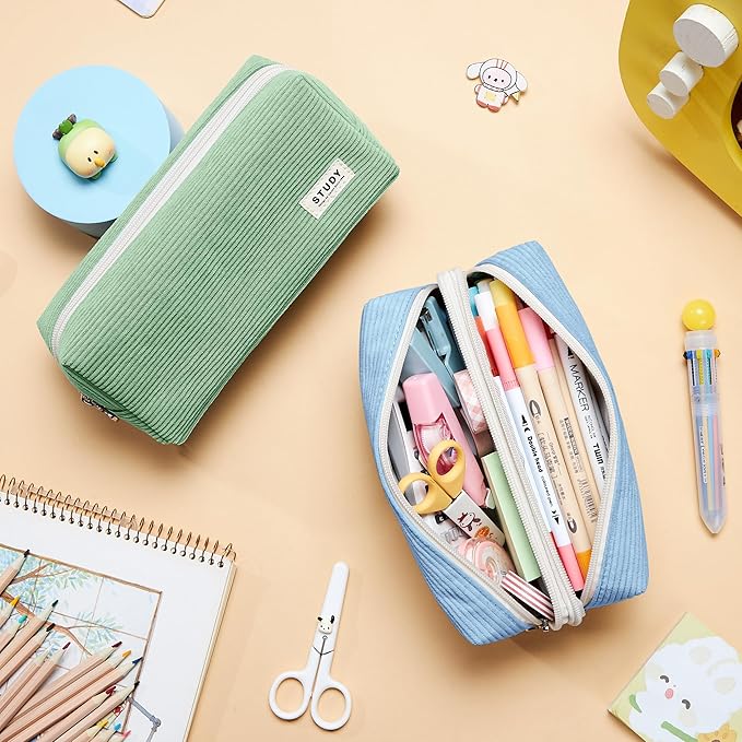 KALIDI Large Pencil Case Corduroy Pencil Pouch Box Cute School Supplies for Teen Girls Boys, Blue
