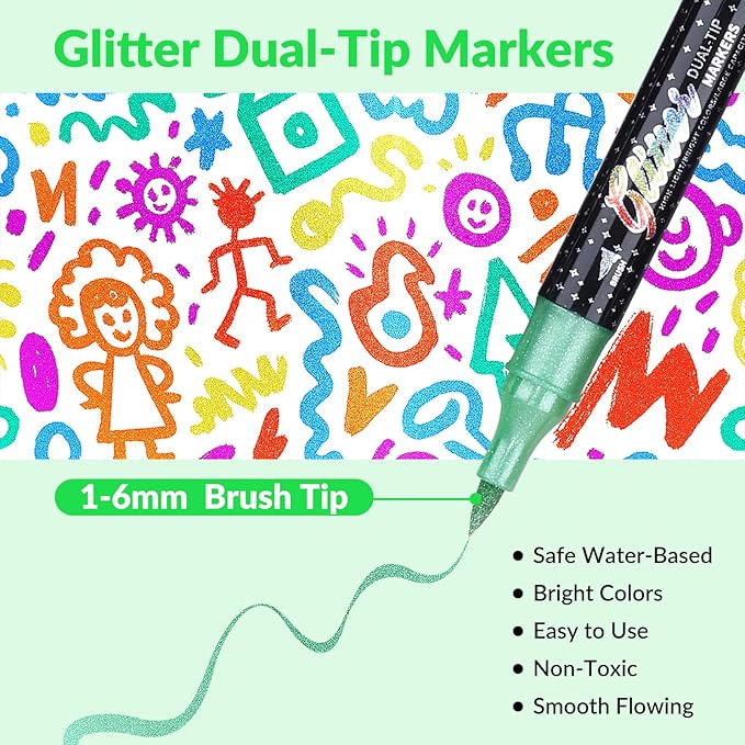 KEMYR Glitter Effect Brush Markers Pens,72 Colors Dual Tip Glitter Pens Set 36 Pack Metallic Sparkle Markers for Cards, DIY Crafts, Doodle, Writing, Adults Coloring Books, Art Supplies Scrapbooking