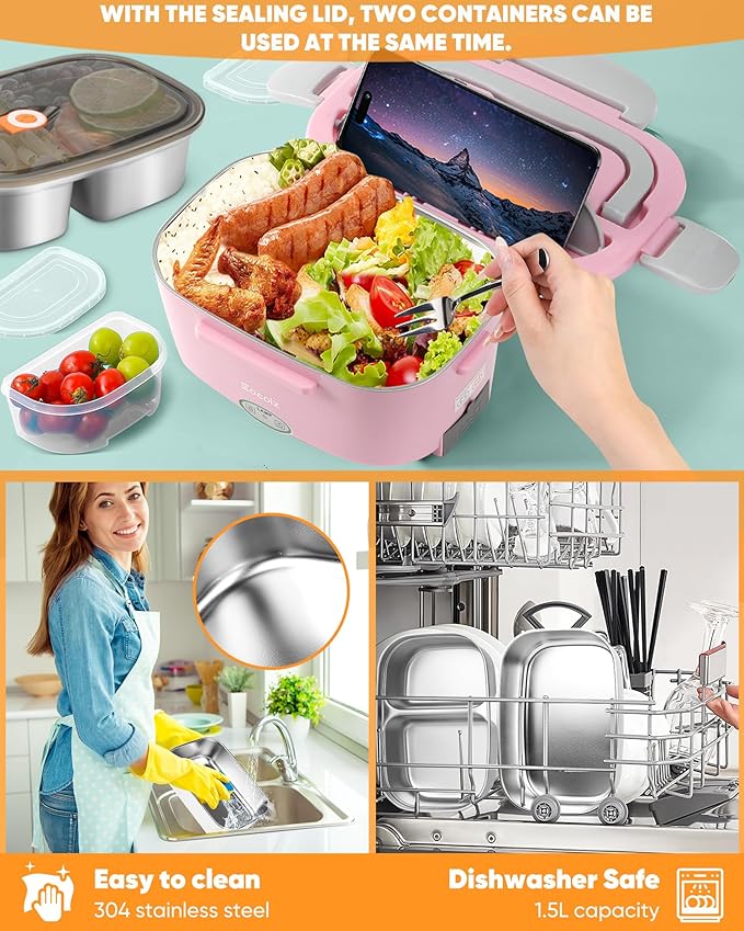 Eocolz Electric Lunch Box Food Heater 80-100W, Food Warmer with Dual Container 1.5L Portable Heated Lunch Box for Car Truck Work Stainless Steel Fork & Spoon 12/24/110V for Adults Lonchera Eléctrica