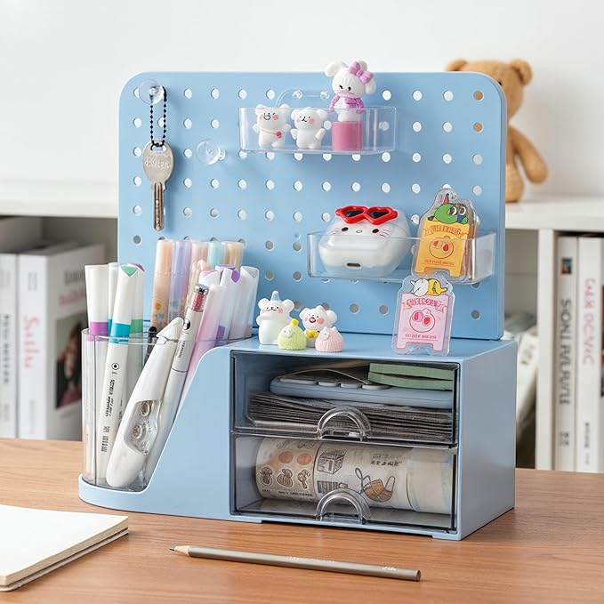 Comix Desk Organizer with Drawer, 360° Rotating Pen Holder for Desk, Pen Organizer with 5 Slots Pencil Holder+Pegboard+2 Drawer for Office Home Art Supplies (Blue)
