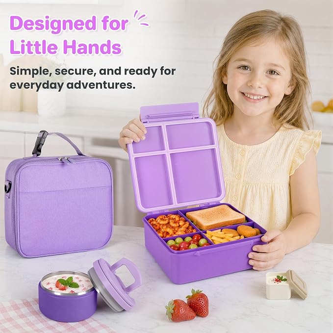 Bento Lunch Box with 8oz Soup Thermo,Kids Leakproof 4 Compartment Lunch Food Containers with Sauce Cup and Ice Pack,Kids Thermo Insulated Hot Food Jar and Lunch Bag for School,Trvael-Purple