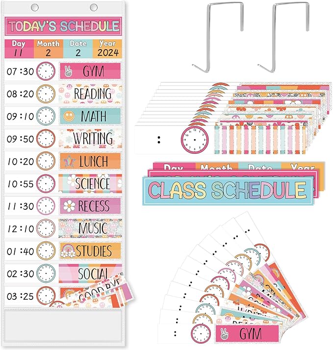 JarThenaAMCS Groovy Daily Schedule Pocket Chart 13 x 35.5 Inch Boho 13 + 1 Pockets Visual Schedule Chart Board with 24 Cards for School Classroom Home Office Supplies