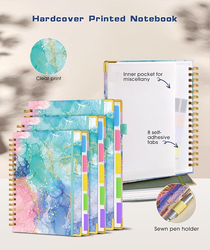 Spiral Notebooks 8.5"x11" for Work with Removable Dividers Tabs,300 Pages 5 Subject Notebook College Ruled,100GMS Notebook journal for School Note taking,Lined Journal for Women,A4 Pink Blue Marble